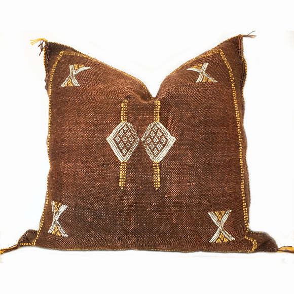 Brown Sabra silk cactus cushion, handmade in morocco