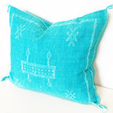 Turquoise pillow with white embroidery, Cactus silk from Morocco