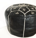 Black leather pouf from Morocco, shipping from montreal canada