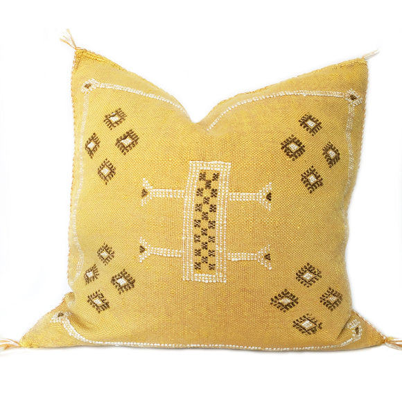 Yellow pillow with decorative patterns, Sabra silk cushion, handmde in Morocco