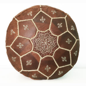 Embroidered Moroccan Pouf, Leather, handmade