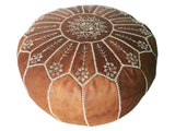 Embroidered Leather pouf handmade in Morocco, Footstool