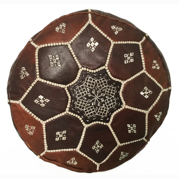 Moroccan embroidered leather pouf, brown, ottoman