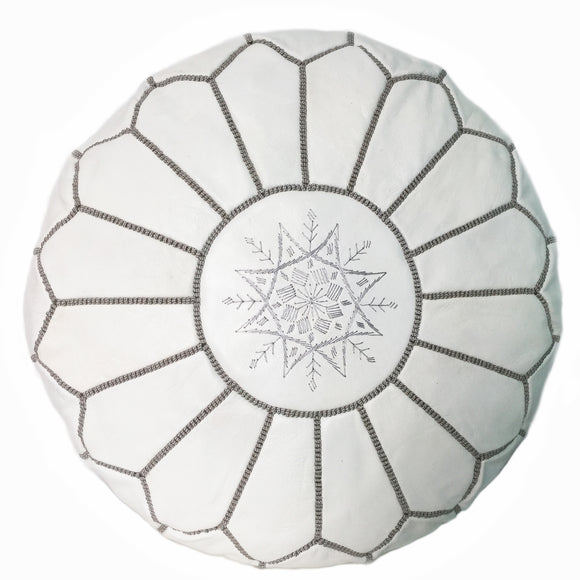 White leather pouf from Morocco, handmade ottoman  & footstool